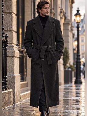 Adam Spencer Charcoal Size 36 Full Length Wool Belted Overcoat Vintage 90s Mens